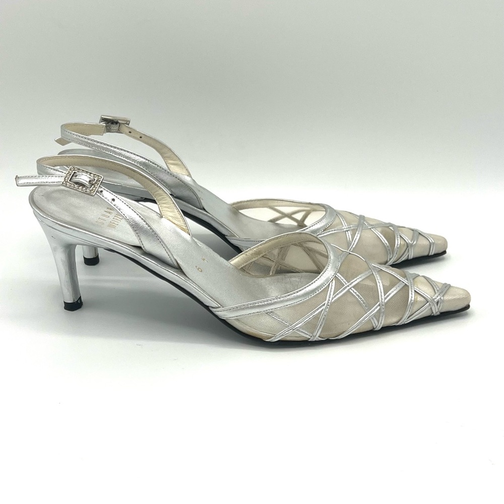 Vintage Stuart Weitzman Silver Slingback Heels, Size 6 - Picture 6 of 8